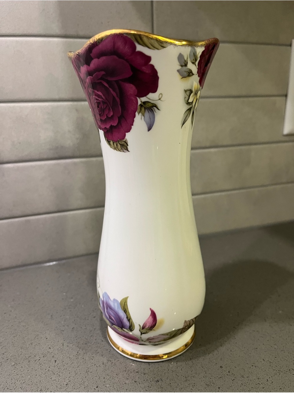 Floral Porcelain Bud Vase in Deep Rose and White